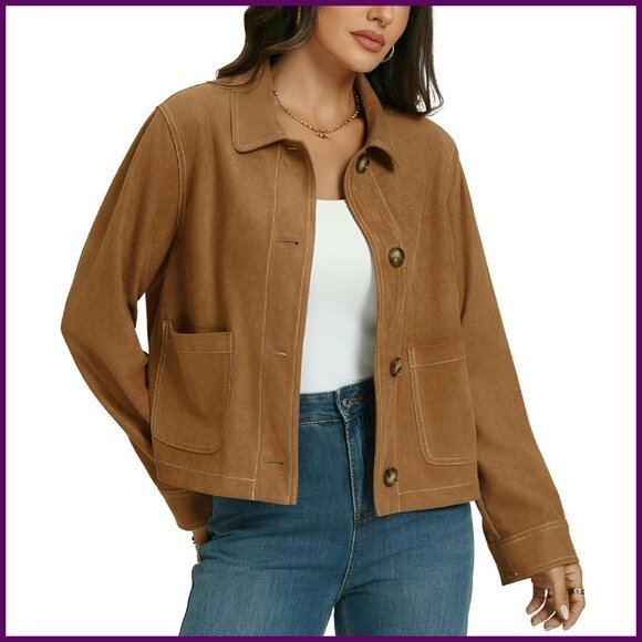 Faux Suede Cropped Bomber Jacket Women's Button Down Coat Fall Casual
